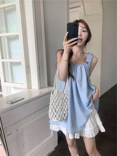 夏季新款甜美粉蓝色蝴蝶结吊带背心宽松女式衬衫