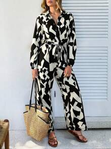 Casual Asymmetrical Graphic Print Waist Belt Front Open Jumpsuit - Black and White - View 5