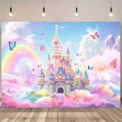 1 Frühlingsblumen Hintergrund, Schmetterlings- und Schlossdesign, Polyesterfaser, perfekt für Teenager-Duschen und Fotokabinen-Requisiten, Fotostudio-Requisiten