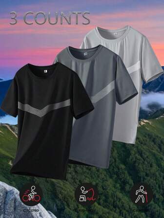 3 件套男士户外运动 T 恤，时尚百搭新款防紫外线印花圆领短袖透气，春夏