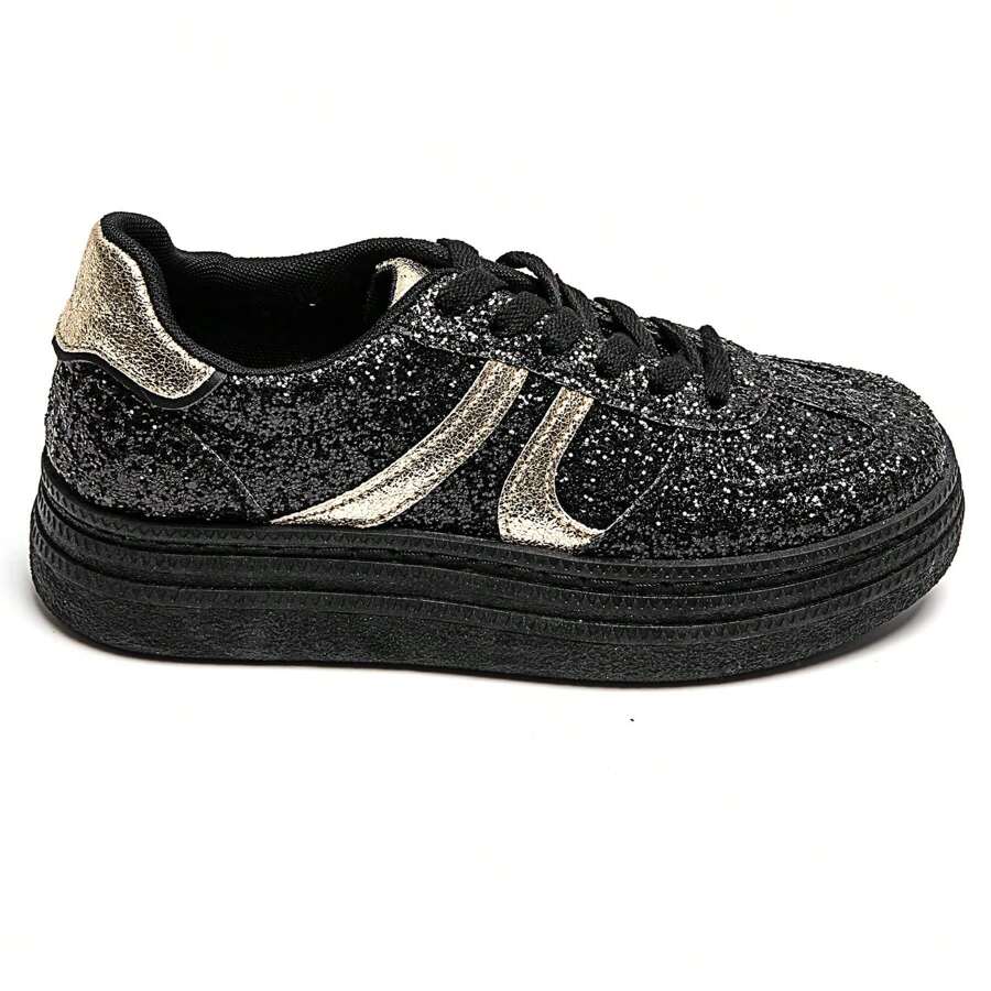 Baskets à Plateforme épaisses Avec Paillettes Et Lacts Classiques - Black Gold - View 1