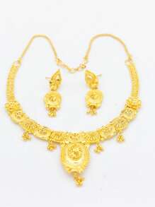 1 Set Handmade 24K Gold Plated Copper Style Necklace And Earrings Set, For Wedding, Party, And Daily Wear - Gold - View 4