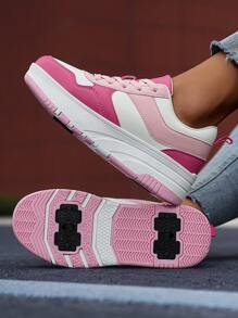 Fashionable Kids' Roller Skate Shoes, 4-Wheels Detachable Outdoor Student Skateboard Shoes, Casual Athletic Sneakers For Teenagers, Suitable For All Seasons - Hot Pink - View 8