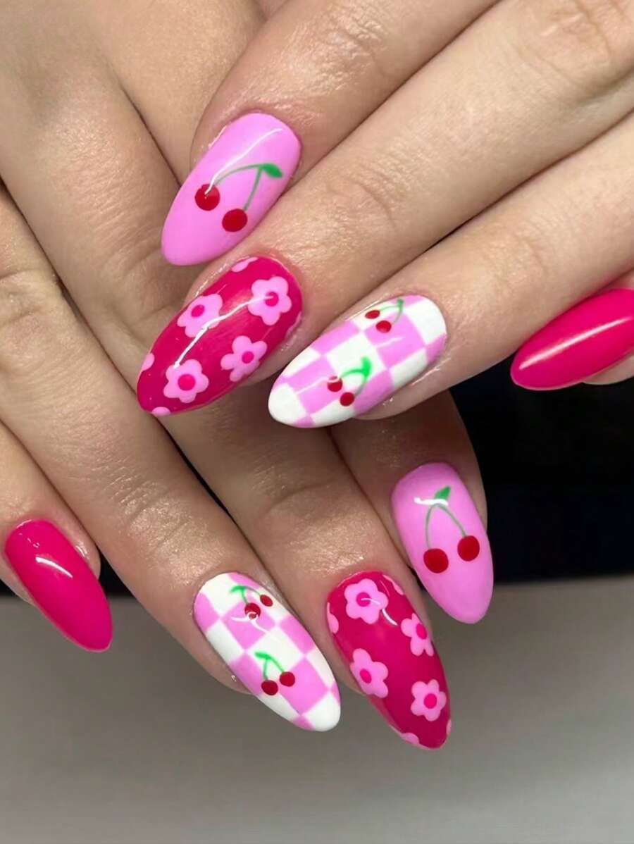 Instantly Upgrade Your Look With,24 Pcs/Set Medium Long Almond Shape Spring And Summer Checkerboard Cherry Red Cute Sweet Glossy Nail Art Patches Full Coverage Fake Nails Art Patches Nail Art Supplies Wearable Nail Set For Office Women, Party, Date And Daily Wear And Party Use Press On Nails