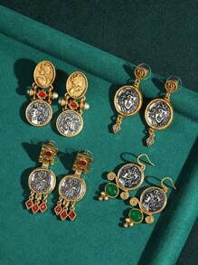 Vintage Tarnished Copper-18K Gold Plated Antique Coin Cameo Portrait Earrings With Faux Agate & Glass Crystal Beads