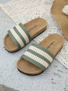 1 paar nieuwe minimalistische casual geweven gestreepte contrasterende kleurdecoratie voor kinderen, antislip zachte kurk platte open teen strandsandalen, geschikt voor de zomer