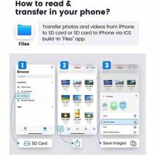 1 pièce Lecteur de carte SD avec connecteur double Lightning et USB-C, lecteur de carte de stockage prêt à l'emploi compatible avec 17 Pro Max/17 Pro/17 Plus/17/16/15/14/13/12/11/XS/XR/8/7/6, iPad, sans application requise