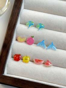 5 paires de boucles d'oreilles à tige mignonnes et délicates en résine avec design de fruits et de queues de poisson, parfaites pour les vacances, les voyages et le port quotidien