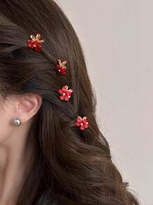 10pcs Women Rhinestone Flower Hair Claws, Red Tone, Elegant Style, Metal Material, Suitable For Everyday Casual Use