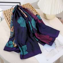 New Casual Printed Satin Scarf For Women, Elegant Daily Headscarf, Sunscreen Shawl - Navy Blue - View 3