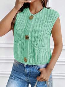 Women's Fashion Sleeveless Short Chunky Knitted Cardigan With Solid Button Front And Pockets - Light Blue - View 3