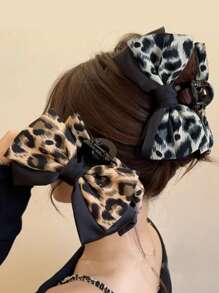 1pc Women's Double Layered Bow Hair Clip, Leopard Print & Hair Claw, Vintage Elegant Style For Ponytail/Bun Hair Clips Hair Jaw Clip Hair Clamps Hair Clutch Hair Catcher Clip, Claw Clip