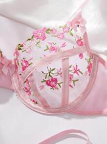 花卉刺绣网眼性感内衣套装，女士胸罩和内裤 - 粉色 - 查看 4