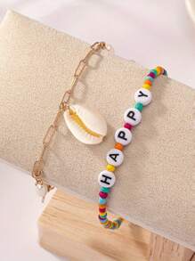 2 piezas Tobilleras con cuentas de estilo bohemio y pendiente de concha con la letra "HAPPY" de colores, accesorio de moda para vacaciones de verano en la playa