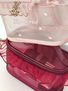 1Pc/Set Pink Ruffle Lace Heart Embroidery Mesh Multi-Functional Cosmetic Organizer Wallet Pouch Portable Cosmetics Brush Storage Clutch With Zipper Closure For Lipstick, Brush, Skincare, Mobile Phone, Coin, Small Items, For Home, Travel, Vacation And School Use