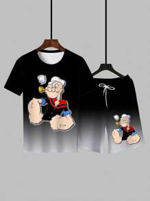 动漫人物渐变色优质格子运动套装 - 涤纶针织面料，圆领设计，抽绳短裤，口袋细节，常规款式，适合大码