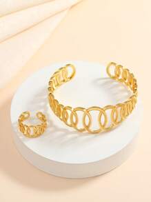 2pcs Set 24K Gold Plated Hollow Line Detailing Exaggerated Wide Bangle And Ring Arabic Style Bracelet Set For Women - Yellow Gold - View 2