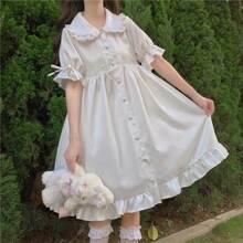 1pc Lolita Style Peter Pan Collar Bowknot Puff Sleeve Ruffle Hem Dress, Suitable For Daily Wear In Summer Halloween