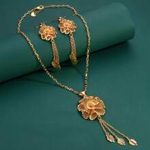 Set van 3 stuks, vergulde 18K realistische 3D rozenbloem hanger ketting en oorbellen, blad kwast ontwerp, mode luxe Dubai stijl, geschikt voor bruiden, bruiloft, feest, vakantie cadeaus voor vrouwen