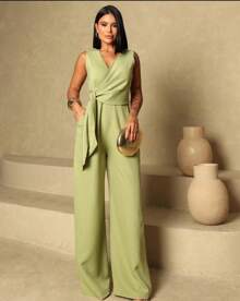 Long Wrap Jumpsuit With V-Neckline - Olive Green - View 4