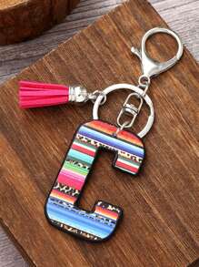 1 pièce Porte-clés avec pompon moelleux arc-en-ciel rayé lettre style coréen, pendentif imprimé léopard, convient comme cadeau - Multicolore - Voir 5