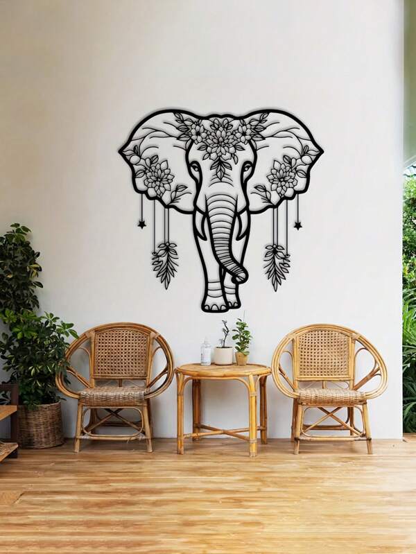 Decor de perete elefant de fier, design floral boho, agatat de perete pentru sufragerie, cadou creativ pentru uz casnic, decor pentru casă, decor de cameră, decor de perete