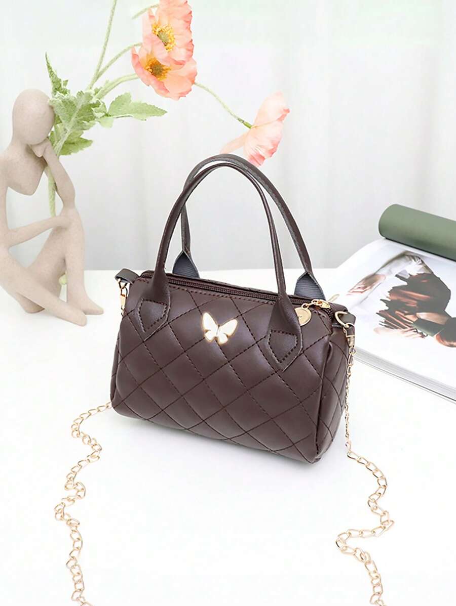 Butterfly Decor Pillow Bag, Girls Casual Shoulder Bag, Lightweight Hand Bag Cylinder Tote Bag - Coffee Brown - View 1