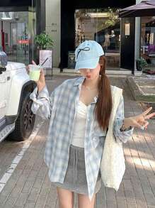 女士休闲/工作可爱格子印花轻薄长袖衬衫，秋冬 - 藍色 - 查看 2