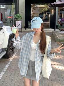 休闲/通勤可爱格子长袖女士衬衫，轻便防晒，春夏