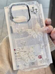 Korean Pearl Butterfly Clear Phone Case Compatible With IPhone 16 15 14 13 Pro Max Transparent Epoxy Sequins Flower Back Cover - Clear - View 2