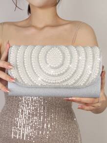 Bolso de mano de noche tipo sobre con decoración de perlas falsas, bolso de novia romántico para boda, bolso de gala con adornos de cristales de lujo para vestido de noche, bolso de mano formal con correa cruzada para fiesta
