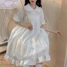 1pc Lolita Style Peter Pan Collar Bowknot Puff Sleeve Ruffle Hem Dress, Suitable For Daily Wear In Summer Halloween