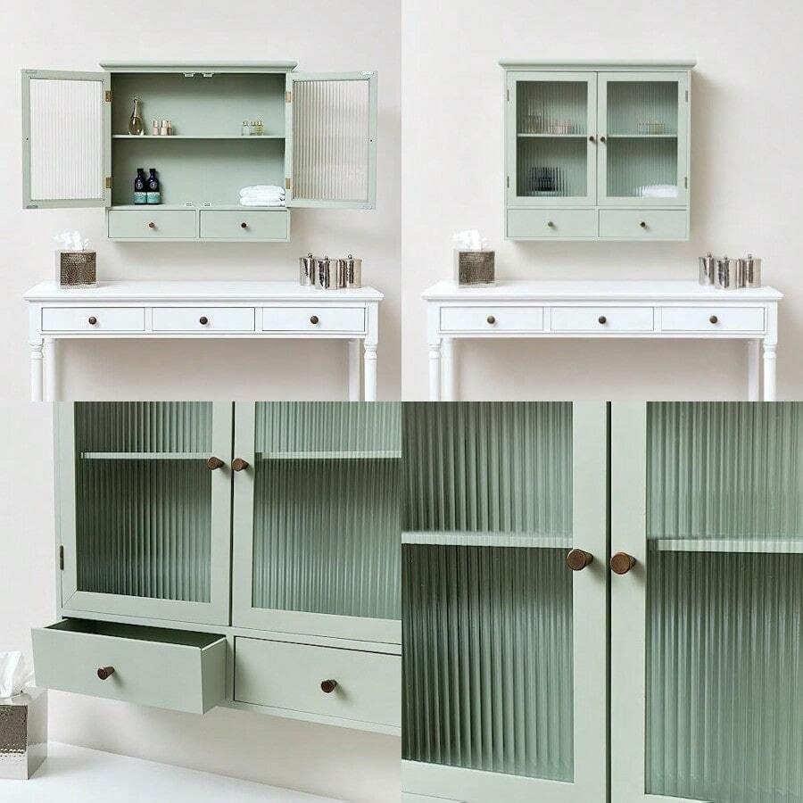 Melody Maison Sage Green Reeded Glass Wall Cabinet With Drawers - as pic - View 1