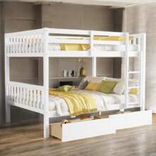 Full Size Rubber Wood Bunk Bed With 2 Drawers, Convertible To 2 Full Beds. Features Ladder & Safety Guardrails, Ideal For Guest Rooms, Dormitories, And Small Spaces. Sturdy, Functional, And Stylish White Finish For Easy Home Decor Matching - White + Rubber Wood + Full - View 4