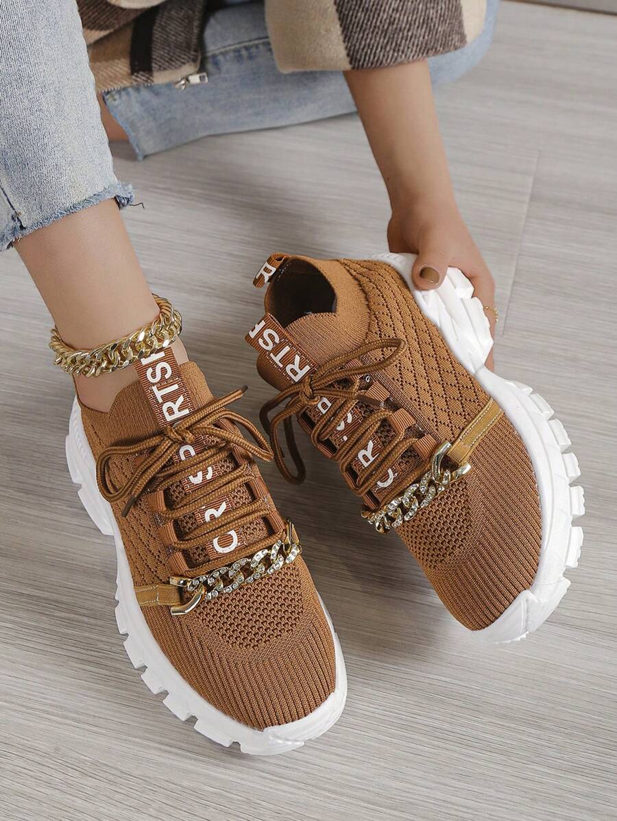 Fashionable Versatile Casual Breathable Sports Shoes With Chain Decor - Khaki - View 1
