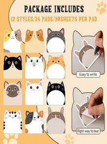 multibey 12 Books/Set Cute Cartoon Multicolor Cat Shaped Self-Adhesive Sticky Notes And Index Tabs, Ideal Choice For Student, Office And School Stationery Supplies - Multicolor - View 12