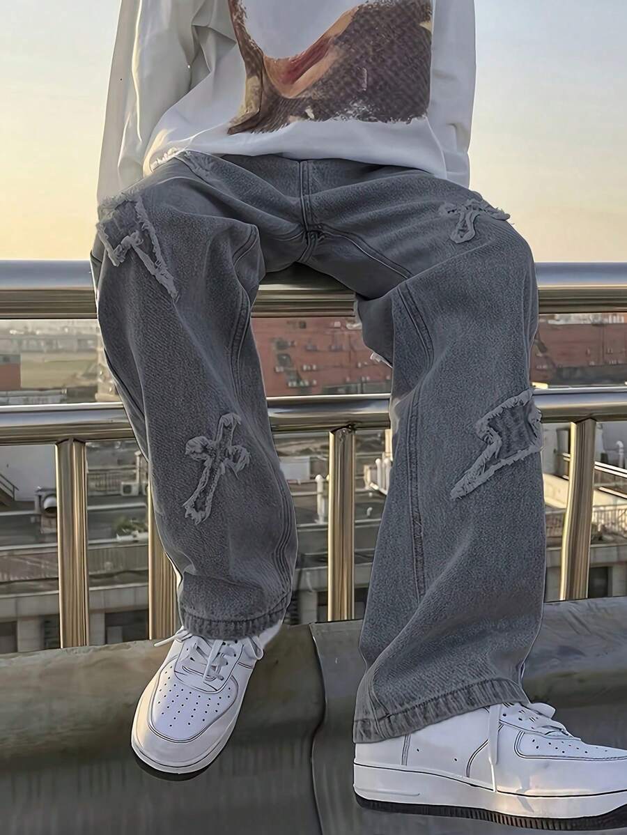 Worn Lightning Cross Patch Elastic Waist Jeans For Teens