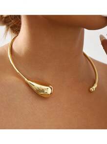 1 件时尚复古休闲金属极简主义泪滴领项链，高端金色夸张老钱风格适合女性 - 金色 - 查看 4