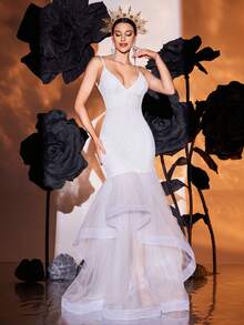 White Spaghetti Strap Sequin Mesh Backless Asymmetric Wedding Dress, Bride - White - View 2