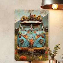 Panneau métallique vintage style floral bus, décoration murale en fer pour salle de sport, café, garage, restaurant, maison, chambre à coucher - art rétro de fleur gravé sur feuille, pour intérieur et extérieur - 1 paquet, 20 x 30 cm