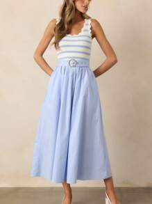 Elegant Crew Neck Sleeveless Striped Fitted Knit Tank Top For Women, Versatile Layering Piece For Spring/Autumn - Baby Blue - View 5