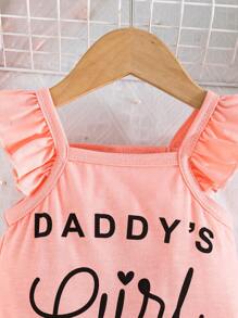 2 件装婴儿/女婴可爱简约字母印花盖袖上衣和蝴蝶装饰短裤套装，透气，适合夏季