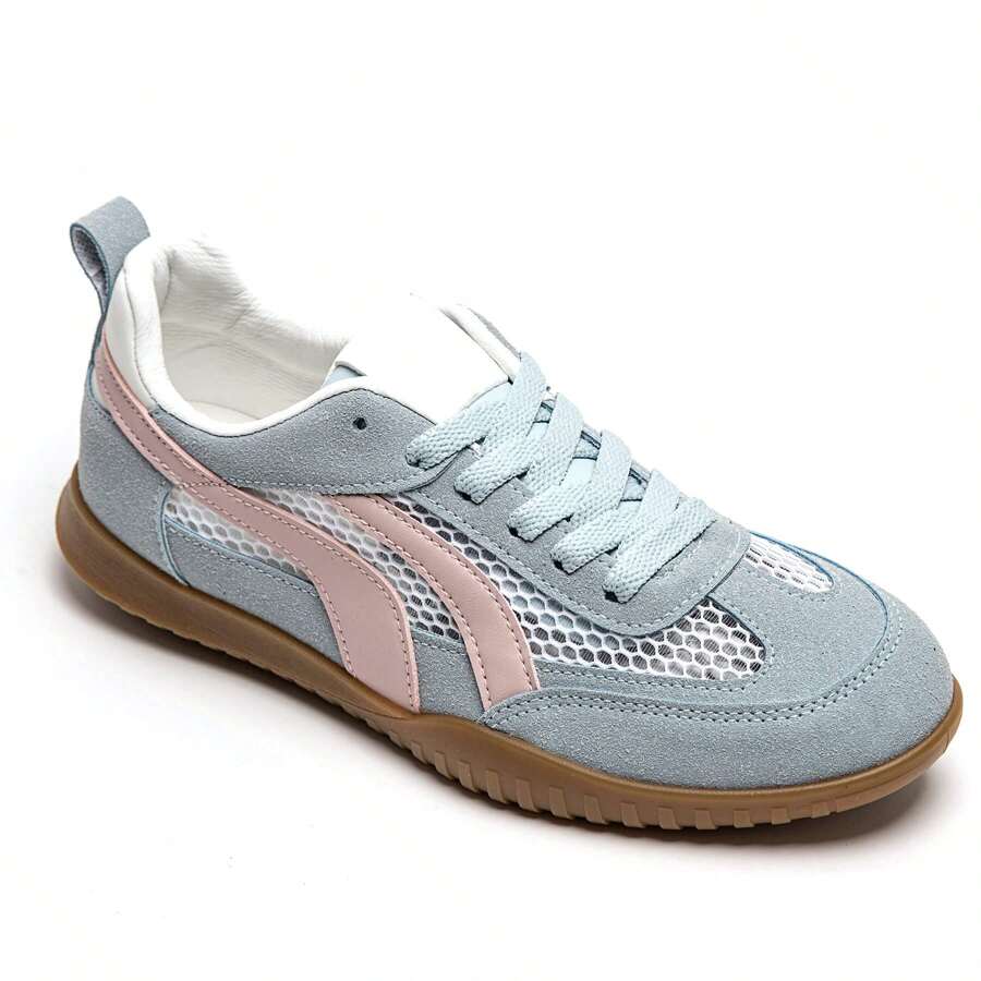 Low-Top Lace-Up Sneakers With Panel Detailing And Side Stripe - Blue - View 1