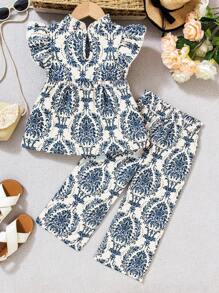 Young Girl Vintage Palace Style Green Plants & Bow Decorated 2pcs Set, Children Floral Luxury 2pcs Suit, Fashion Summer Nature Style Outfit, Suitable For 4-7 Years Old Girls, Spring/Summer