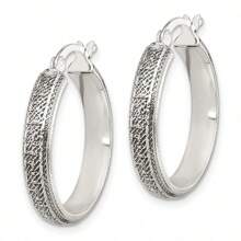 Jewelryweb  925 Sterling Silver Textured Greek Key Large Round Hoop Artisan Oxidized Earrings - 26.1x4.35mm