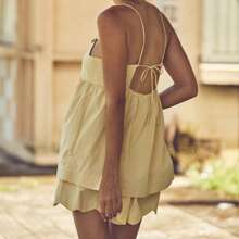 Womens Casual 2 Piece Outfits Sleeveless Scalloped Trim Cami Tops + Shorts Set Loungewear - 黃色 - 查看 2