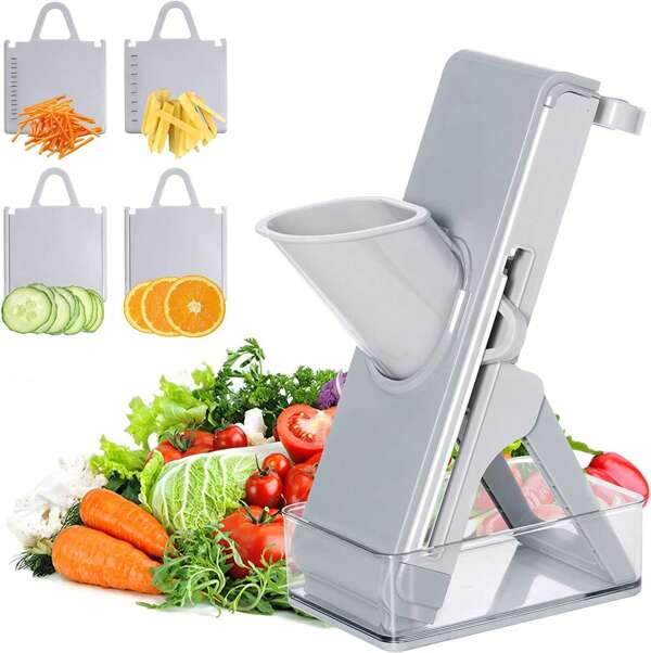 Mandolina per Verdure Affettatrice Professionale, Mandolina Regolabile Affettaverdure Tagliaverdure Verticale per Cibo, Frutta e Verdura, Grigio