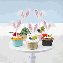 12 bucăți de bambus pentru cupcake cu urechi de iepuraș de Paște, sclipici pentru urechi de iepure, decorațiuni de tort pentru ziua de naștere de primăvară și consumabile pentru petreceri de Paște