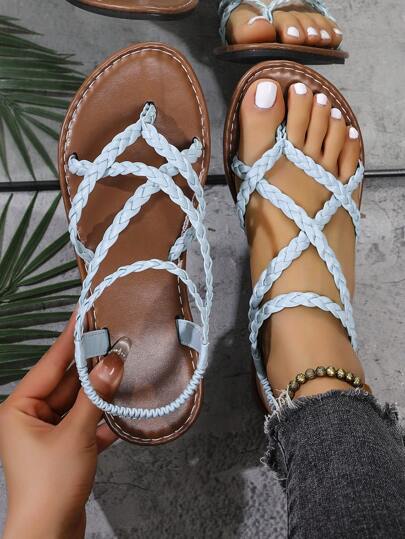 Women Woven Flat Sandals/Slippers In Black, Brown, Beige, Coffee Colors, Slip-On Flip-Flops, Open Toe, Non-Slip, Suitable For Outdoor And Indoor Wear,Boho Style,Spring Summer Outfits