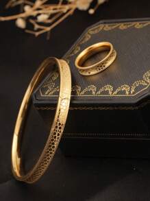 1 Bộ Vòng Tay Thép Titan Họa Tiết Vảy Rồng Vàng 18K & Nhẫn Đóng, Đơn Giản & Thời Trang, Phù Hợp Cho Phụ Nữ Đeo Hàng Ngày, Tiệc Tùng, Quà Tặng - Vàng - Xem 9